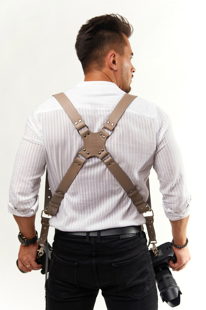 Camera Harness Leather Strap Two-Cameras, Dual Shoulder Strap Multi Camera Gear brown fits most camera Coiro Beige