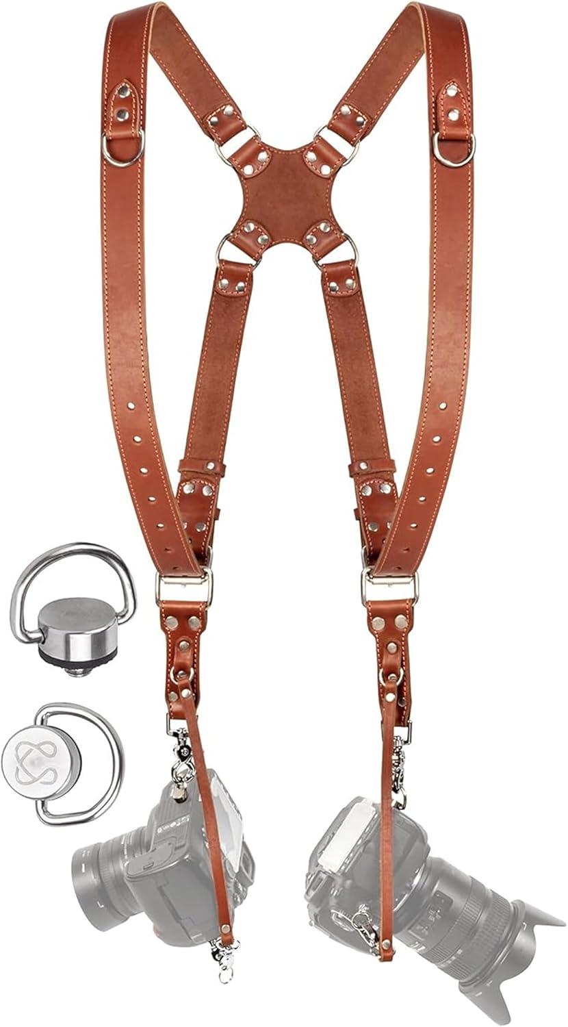 Harnais Double Appareil Photo 4J LEDR - Sangle 2 Caméras Pour Photographe - Cuir Marron