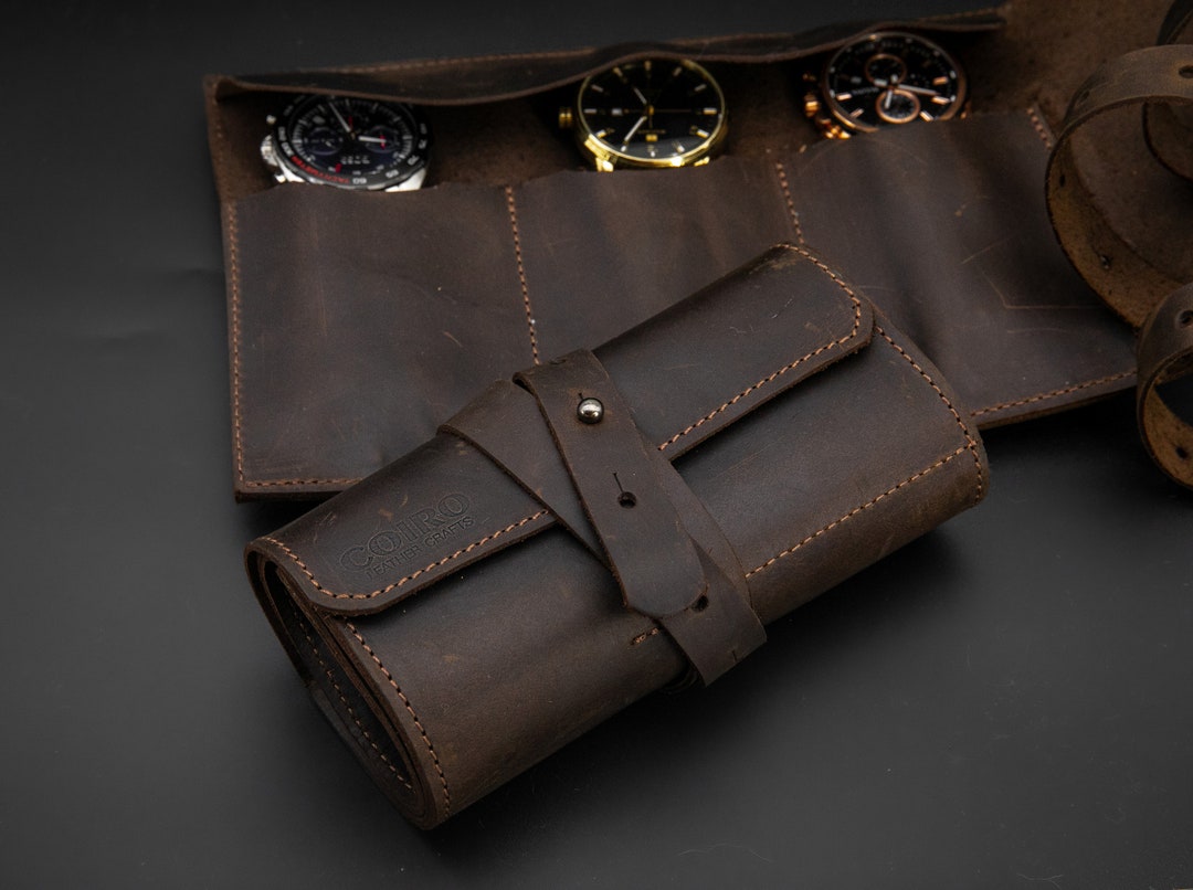 Leather Watch Roll Organizer: Travel Case for 3, 4, or Watches