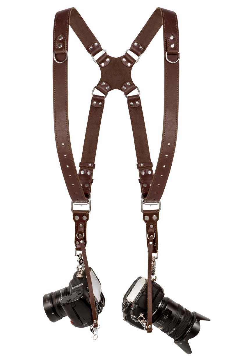 Camera Harness Leather Strap Two-Cameras, Dual Shoulder Strap Multi Camera Gear brown fits most camera Coiro Brown