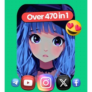 May include: Anime-style illustration of a girl with blue hair and large eyes, with the text "Over 470 in 1" above her. Includes heart-eyes emoji and social media icons.