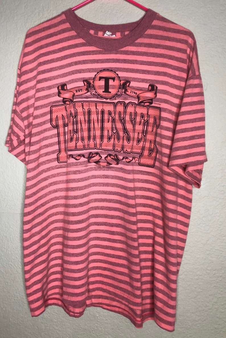 Vintage Tennessee Est 1796 State Shirt Size XL Pink Striped Single Stitch Tee Made In USA