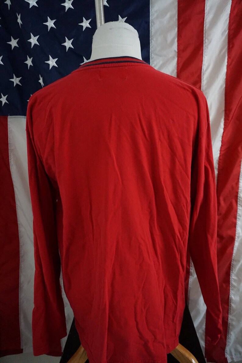 Vintage vtg polo raph lauren red light long sleeve v neck sweater dark blue trim size XL