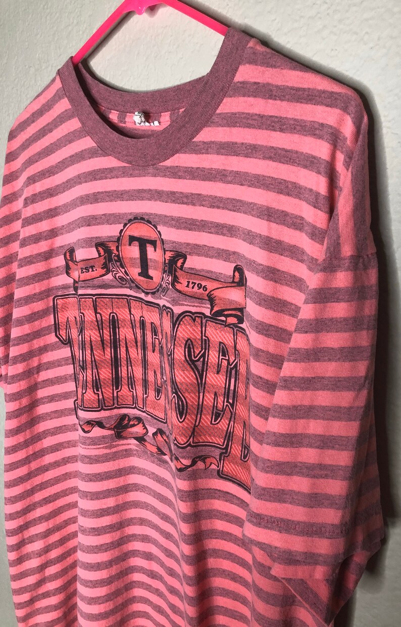 Vintage Tennessee Est 1796 State Shirt Size XL Pink Striped Single Stitch Tee Made In USA