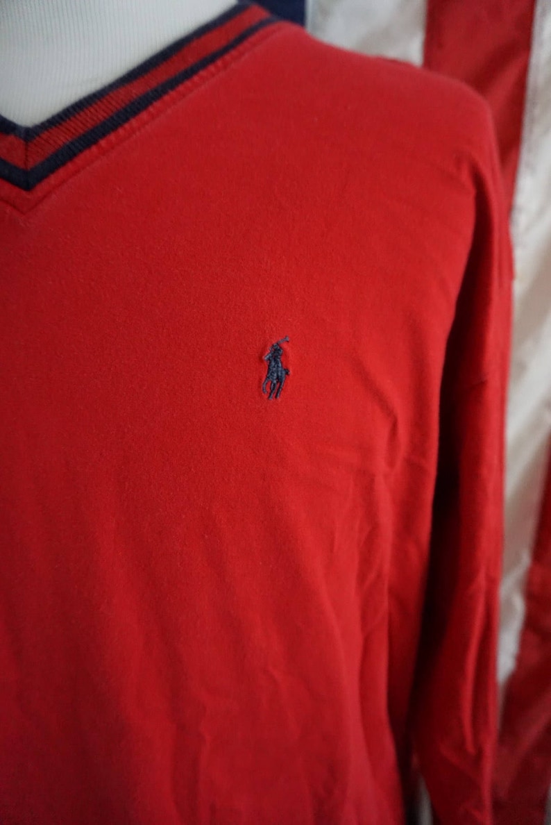 Vintage vtg polo raph lauren red light long sleeve v neck sweater dark blue trim size XL