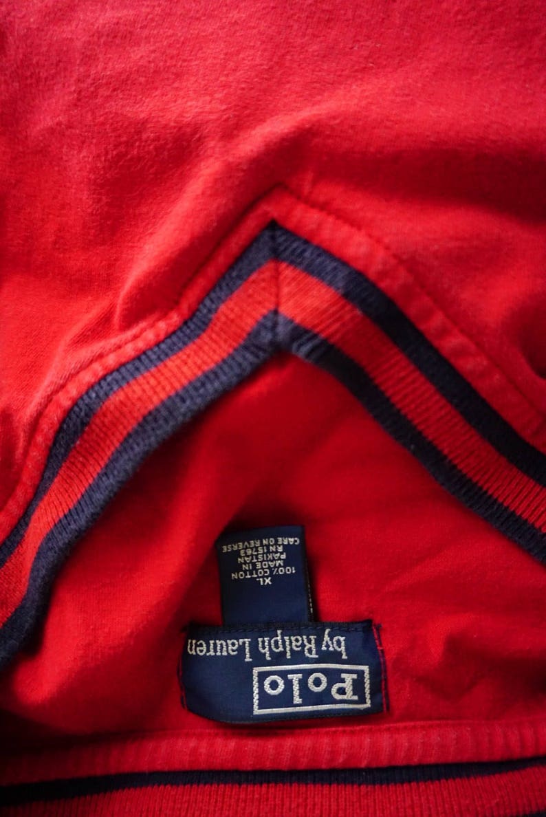 Vintage vtg polo raph lauren red light long sleeve v neck sweater dark blue trim size XL