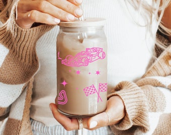 Pink F1 Gift Theme Sipper Cup Formula 1 Pink Esthetic Race Gift for girlfriend Lando Norris Fan Gift Checkered Flag Y2K Esthetic Glass Can