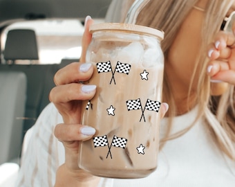 Race Checkered Flag Sipper Glass 16oz F1 Gift Formula 1 Gift Race Sipper Race Fan Gift Iced Coffee Leclerc Ricciardo Sainz Racing Sunday