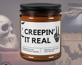 Creepin It Real Halloween Candle Gift Spooky Vibes Trick or Treat Gift for Friend Skeleton Halloween Gift Bats Funny Spooky Season Candle