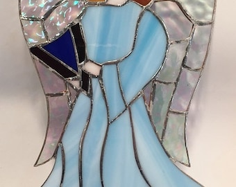 ANGEL with HARP,  10 inches tall!   Handmade Stained Glass GORGEOUS!!