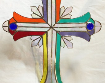 Large Stained Glass Crucifix: Colorful Christian Art (13x10 inches)
