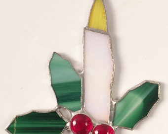 Handmade Stained Glass Christmas Ornament: Holly Candle Suncatcher