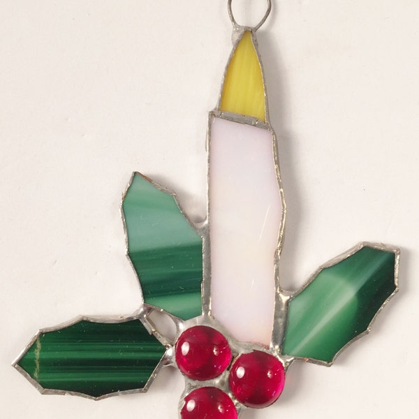 Handmade Stained Glass Christmas Candle with Holly! Gorgeous Ornament or Suncatcher.