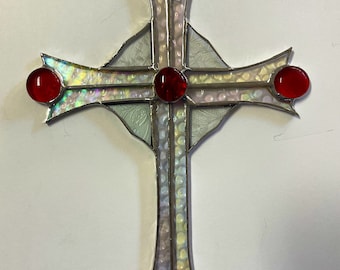 Handmade Stained Glass Cross Suncatcher: Red, Blue, Clear