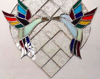 Stained Glass Valentines Heart -   Kissing Hummingbirds