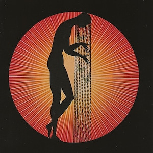 Peut inclure: Une silhouette noire d'une personne debout devant un fond de soleil rouge et orange. La personne lève la main vers une cascade de longs cheveux noirs.