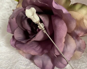 4 Pin with Clutch }{ Ivory Cream Calla Lily Flower } Sturdy Stick to Use and Wear } Boutonniere Lapel Scarf Derby Wedding Corsage Hat HP694