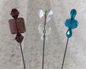 Victorian Hat Pins 3 Sparkling Crystal Glass Amethyst Aqua Ice Blue 6 Long Sturdy Steel Sticks Clutches Hatpin Set Lot HP792