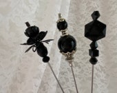 3 Victorian Hat Pins Mourning Black 6 Long Sturdy Stick with Clutch to Wear Funeral Set Lot Antique Vintage Style Hatpin HP1305