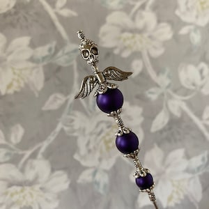 Skull Purple Hatpin }{ Choose your Length }{ Long Sturdy Stick to Use }{ Halloween Skeleton Angel Wings Gothic Witch Hat Stick Pin HP1774