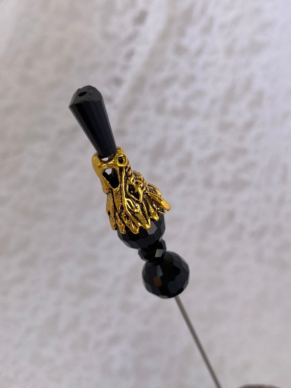 Dragon 7” Long Black Crystal Hat Pin }{ Sturdy Steel Stick with Cap Clutch }{ Halloween Skeleton Gothic Witch Hatpin Stick Lapel HP899