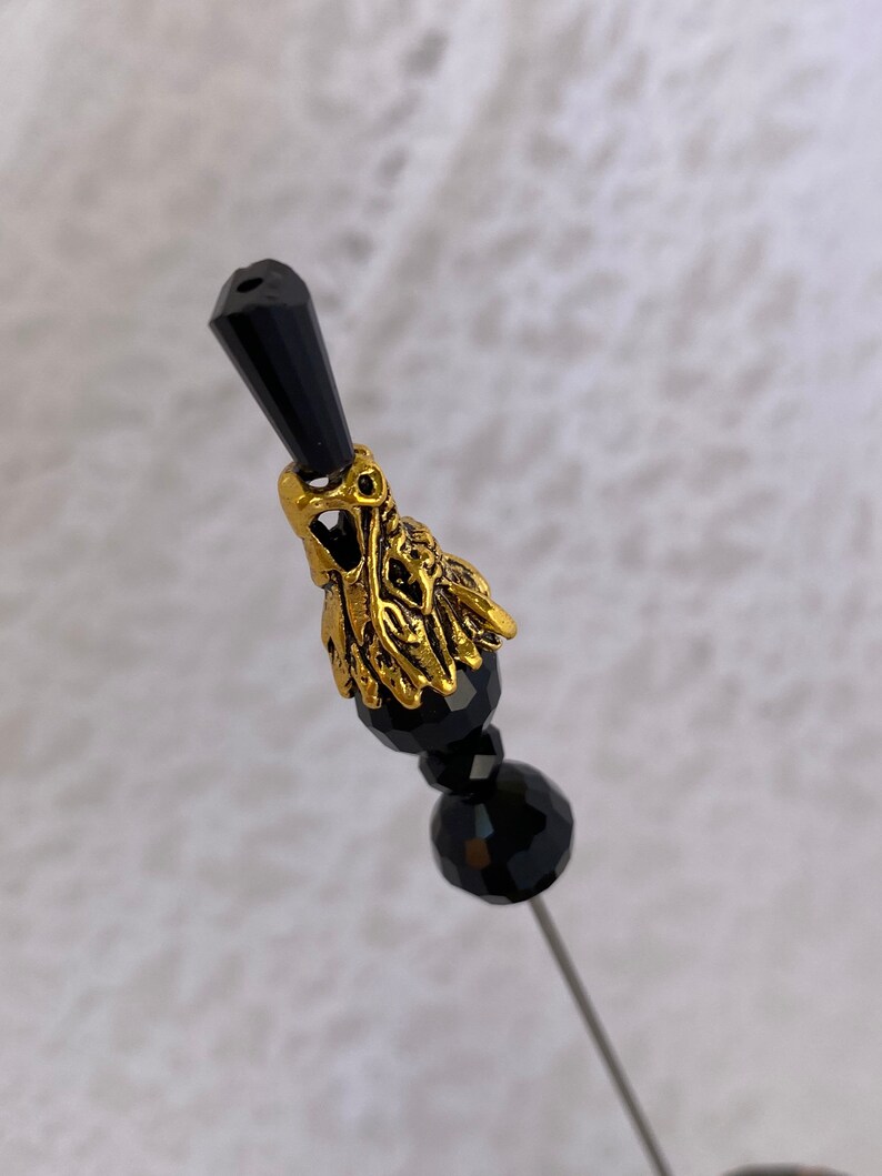 Dragon 7” Long Black Crystal Hat Pin }{ Sturdy Steel Stick with Cap Clutch }{ Halloween Skeleton Gothic Witch Hatpin Stick Lapel HP899 image 1