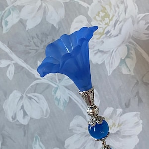 Long Hat Pin Large Lily Flower Hatpin }{ Blue Cat Eye }{ Choose your length }{ Sturdy Stick & Clutch }{ Made to Wear Scarf Derby  }{ HP1939