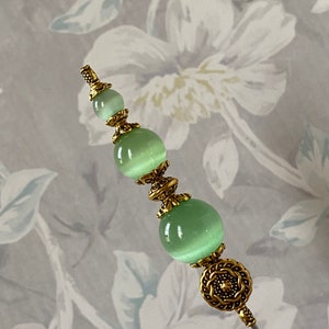 Green Moonstone Glass Victorian Hat Pin }{ Cat’s eye }{ Sturdy Steel Stick and Cap To Use or Display }{ Choose your length  Hatpin HP3811