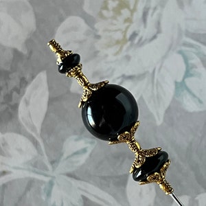 HATPIN }{ Mourning Antique Style Black Glass Hatpin }{ Choose Length 4 5 6 7 8 9 10 11 12 13 14 Inches Long Stick Victorian Funeral HP4325A