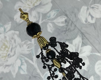 HATPIN }{ Exquisite Mourning Black Lace Tassel Hat Pin }{ Faceted Glass Funeral }{ Choose Length 5 6 7 8 9 10 11 12 13 14 Inches Long HP4322