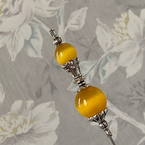 Cat’s Eye Long Victorian Hatpin }{ Deep Yellow }{ Choose your Length }{ Sturdy Steel Stick to Use with Cap Clutch }{ Hat Pin HP3908