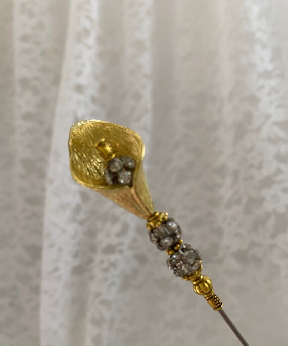 HATPIN }{ Victorian Hat Pin }{ 6” Sturdy Stick with Point Cover to Use & Wear }{ Gold with Rhinestone Crystals }{ Lapel Scarf HP1336