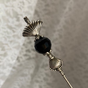 HATPIN }{ Mourning Hat Pin }{ Black Crystal Glass }{ 5” Long with Clutch }{ Funeral Sturdy Stick Lapel Pin to Wear HP 1154