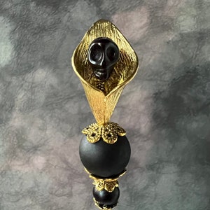 SKULL HATPIN ~ Black Skull in Gold Calla Lily ~ Choose the length of pin 4” to 14” ~ Sturdy to Use and Wear Halloween Gothic Mourning HP4661