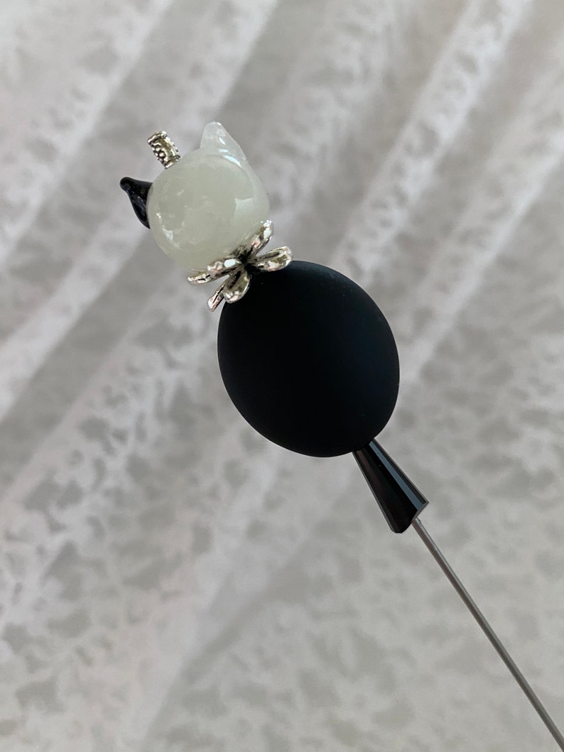 Cat Victorian Long Hat Pin 6 Sturdy Steel Stick with Clutch Cap to Wear Glass Kitty Kitten Black Hatpin HP1393 image 5