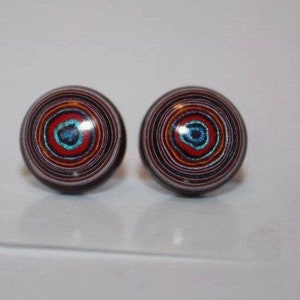 May include: A pair of round earrings with a multi-colored, concentric circle design. The circles are red, orange, yellow, blue, and white. The earrings have a shiny, iridescent finish.