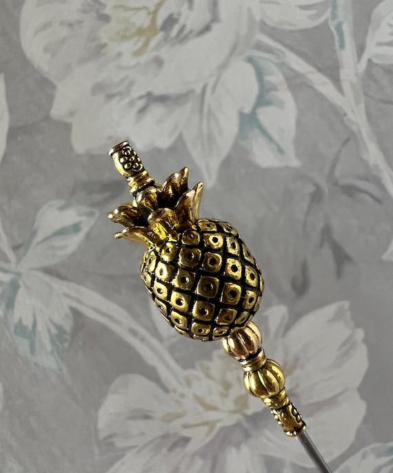 Pineapple Antique Golden Hat Pin }{ Choose your Length 14” to 3” Long Sturdy Stick }{ Sharp Point & Cap }{ Beach Luau Cruise Welcome HP4489