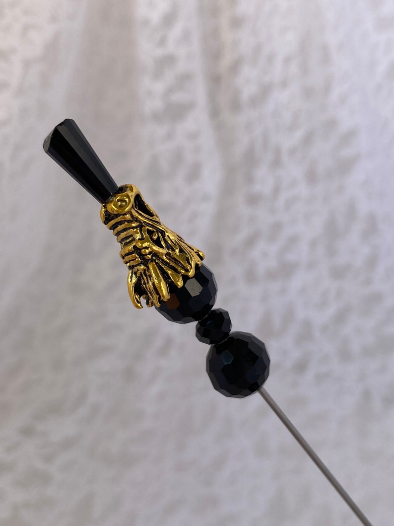 Dragon 7” Long Black Crystal Hat Pin }{ Sturdy Steel Stick with Cap Clutch }{ Halloween Skeleton Gothic Witch Hatpin Stick Lapel HP899 image 2