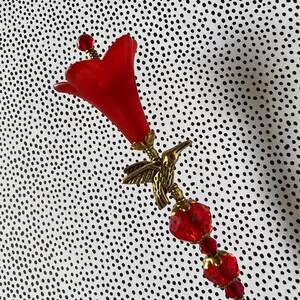 Hatpin }{ Hummingbird Bright Red Crystal }{ Choose your length from 4” to 14” long }{ Sturdy stick pin includes clutch }{ HP4646