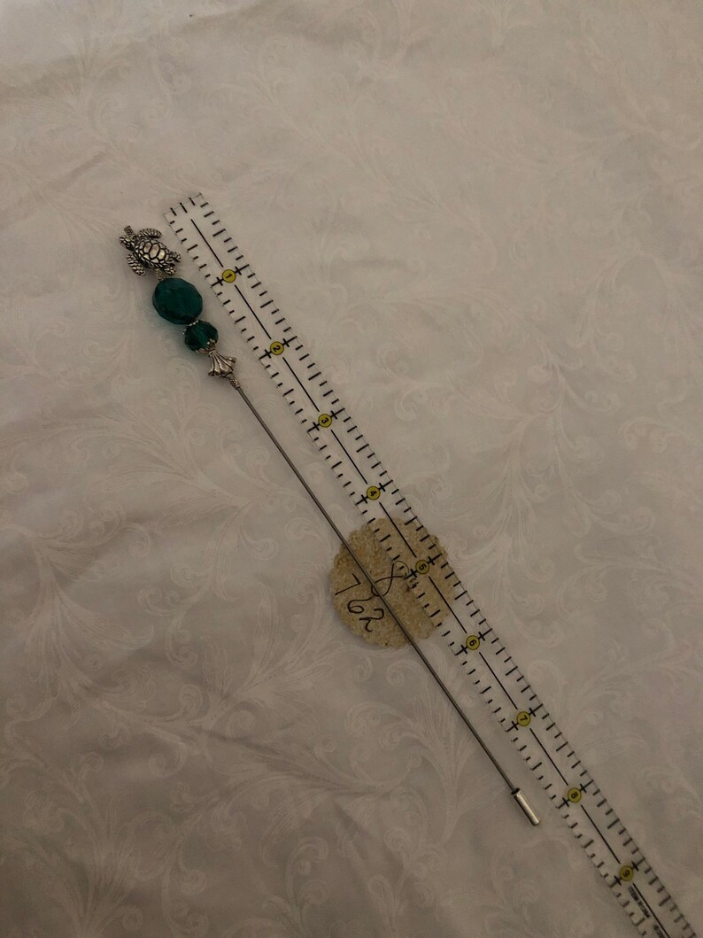 Turtle Hatpin }{Peacock Green Crystal Glass } 8\u201d Long Sturdy Steel Stick with Clutch to Use and Wear }{ Hat Pin Scarf Sun Beach }{ HP762