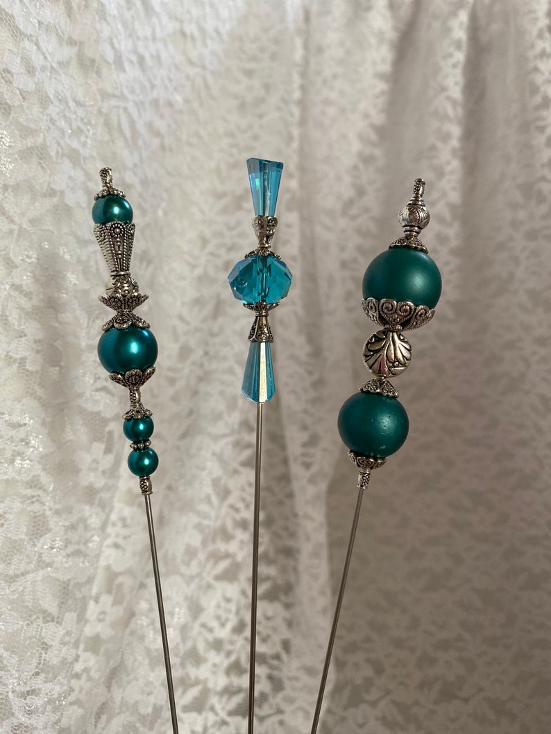 3 Large Victorian Hat Pins }{ Sparkling Crystal Glass Peacock } 10\u201d Long Sturdy Steel Sticks /& Caps }{ Hatpin Set Lot HP985