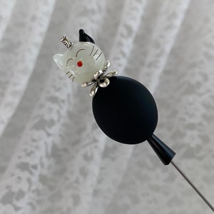 Cat Victorian Long Hat Pin 6 Sturdy Steel Stick with Clutch Cap to Wear Glass Kitty Kitten Black Hatpin HP1393 image 1