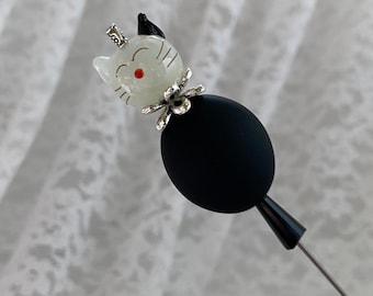 Cat Victorian Long Hat Pin }{ 6” Sturdy Steel Stick with Clutch Cap to Wear }{ Glass Kitty Kitten Black Hatpin  }{ HP1393