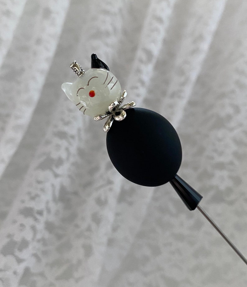 Cat Victorian Long Hat Pin 6 Sturdy Steel Stick with Clutch Cap to Wear Glass Kitty Kitten Black Hatpin HP1393 image 1