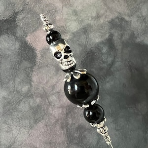 SKULL HATPIN ~ Choose length  4” to 14” Long ~ Black Glass Beads ~ Perfect for your Halloween & Mardi Gras Hat or Lapel Pin HP4662