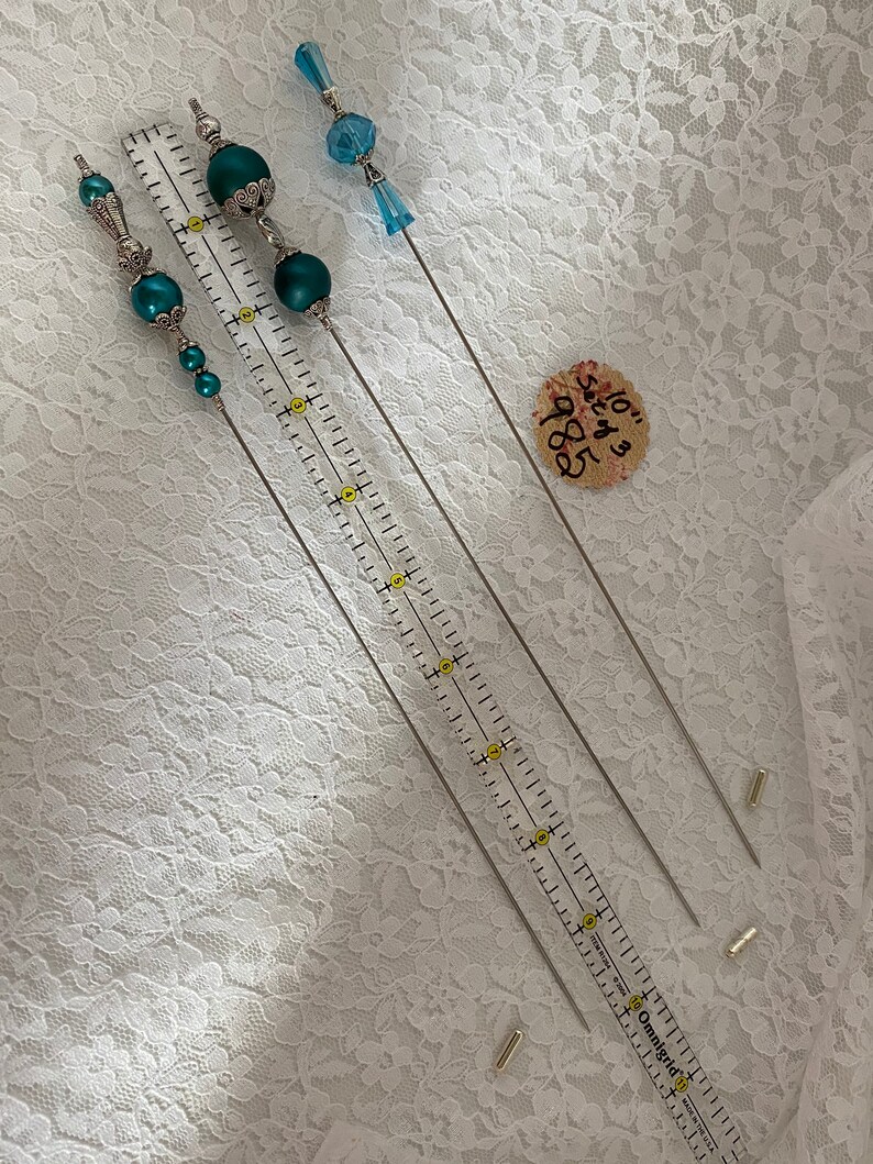3 Large Victorian Hat Pins }{ Sparkling Crystal Glass Peacock } 10\u201d Long Sturdy Steel Sticks /& Caps }{ Hatpin Set Lot HP985