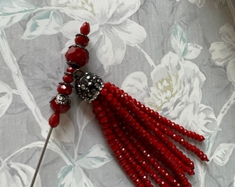 HATPIN }{ Exquisite Tassel Hat Pin }{ Choose your Length 14” 13” 12” 11” 10” 9” 8” 7” 6” 5” Long }{ Burgundy Deep Red Glass Pin HP4240