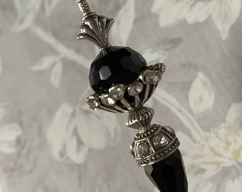 Exquisite Black Faceted Glass Hatpin highlighted with Crystal Rhinestones }{ Victorian Funeral Mourning Hat Pin HP1992