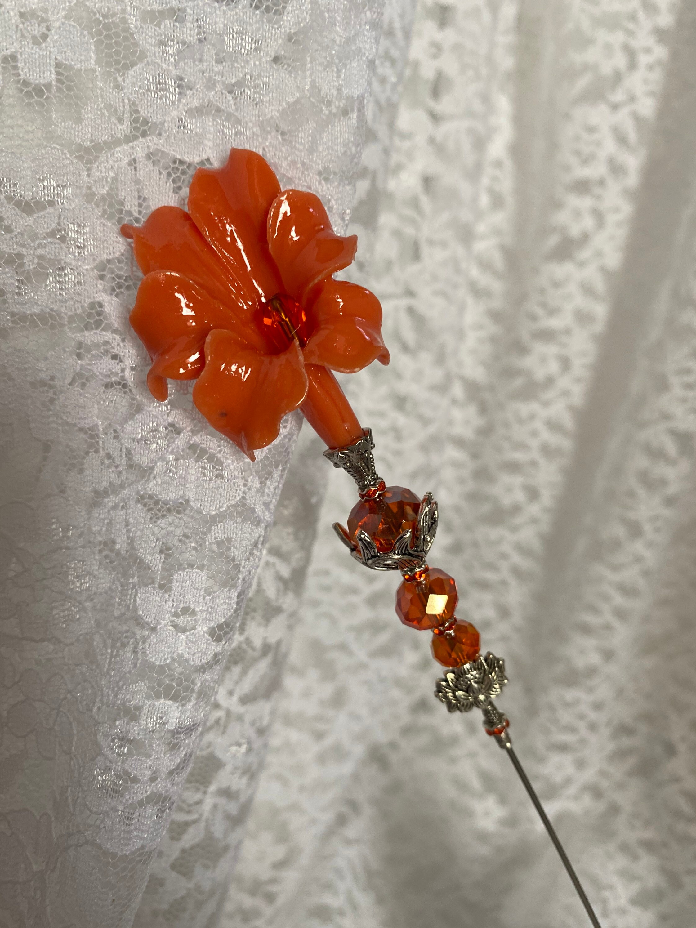 Bold Orange Victorian Hat Pin }{ Large Huge 10.5” Long Calla Lily