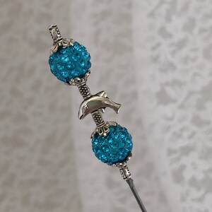 Dolphin Hatpin }{ Sparkling Sea Aqua Blue }{ 9” Long Sturdy Steel Stick & Clutch to Use and Wear }{ Hat Pin Sun Beach Sunhat }{ HP770